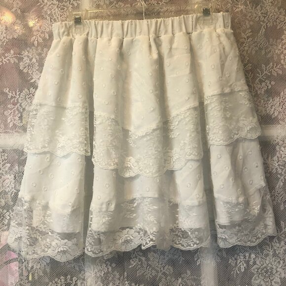 Romwe Fairycore Contrast Lace Tiered Ruffle Skirt White L Elastic Waist lined - Picture 1 of 5